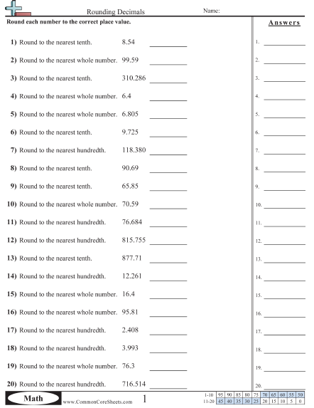 Tenths, Hundredths and Whole Worksheet - Rounding Decimals  worksheet